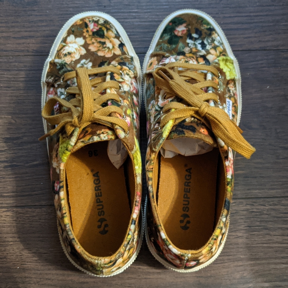 EUC Superga 2750 Velvet Floral Sneakers Mustard